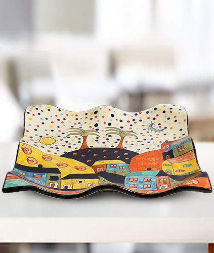 turkish ceramic wavy square platter with colorful artistic design for serving snacks and appetizers